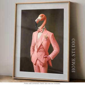 Pink Suit Flamingo Art Print - Dapper Bird Picture, Vintage Gentleman Style, Quirky Florida Animal image 1