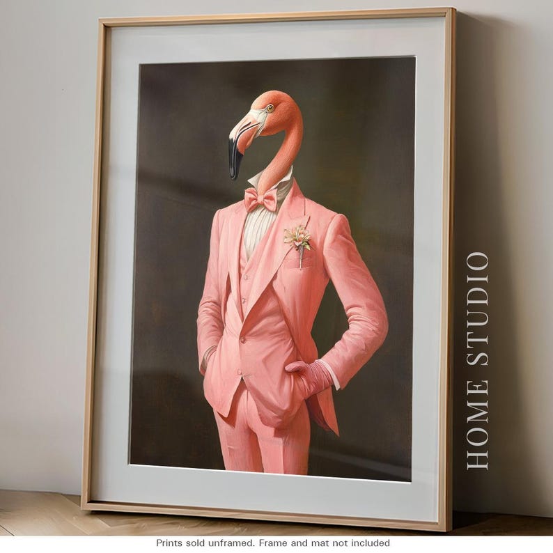 Pink Suit Flamingo Art Print - Dapper Bird Picture, Vintage Gentleman Style, Quirky Florida Animal image 1