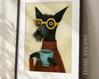 Retrato de perro con café: estampado animal peculiar, arte mural para nerds, estilo kitsch caprichoso.