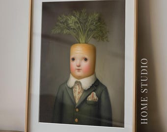 Lámina artística de Carrot Head - Imagen de cocina peculiar, humor surrealista y caprichoso, personaje de comida vintage