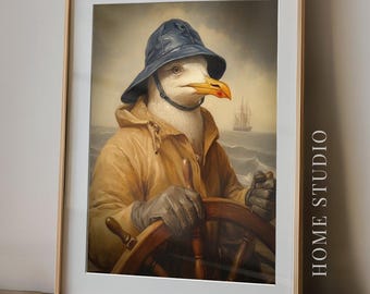 Seagull Captain Art Print - Maritime Coastal Picture, Quirky Fisherman Bird, Nautical Sailor, Moody Sea