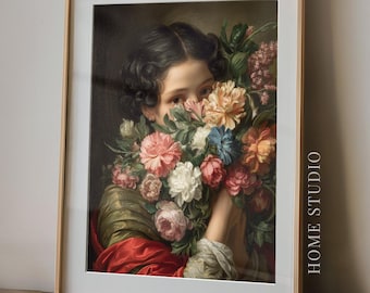 Arte floral para el baño: retrato de mujer vintage, decoración para el tocador, humor divertido, lámina romántica para la pared.