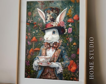 May include: A framed wall art print featuring a white rabbit wearing a patterned top hat, a plaid bowtie, and a blue floral jacket, holding a floral teacup. The background depicts a dense garden with red mushrooms and colorful flowers. Text reads HOME STUDIO.
