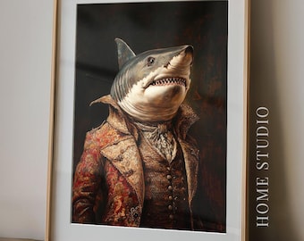 Shark Gentleman Art Print - Victorian Regal Picture, Moody Nautical, Whimsical Decor, Vintage Ocean Poster
