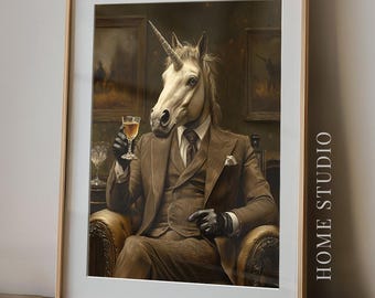 Dapper Unicorn Whiskey Portrait - Home Bar Decor, Fantasy Wall Art, Moody Lounge Print