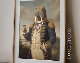 Walrus Gentleman Portrait – Nautical Animal Wall Art, Vintage Style Illustration, Bar Cart, Quirky Decor
