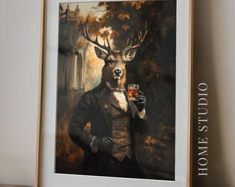 Dapper Dressed Stag Victorian Portrait Scotch Whiskey Art Print Unframed Wall Vintage Deer Animal Wall Home Bar Cottagecore Bar Cart Decor