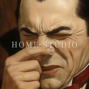 May include: A digital painting of a person with dark hair and pale skin, wearing a dark high-collared garment with a red accent. The person is pinching their nose with one hand, eyes closed, with the text HOME STUDIO overlaid in white.