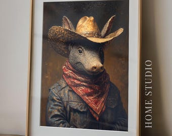 Armadillo Cowboy Art Print - Western Country Picture, Vintage Ranch Style, Quirky Animal, Rustic Cabin