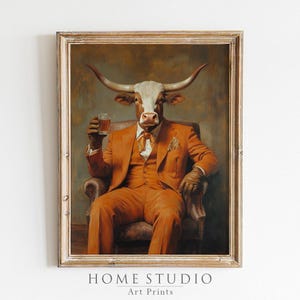 Longhorn Cow Art Print Unframed In Vintage Orange Suit With Whiskey Glass Rustic Texas Cowboy Western Bull Wall Art Gift For Him Or Her Bull