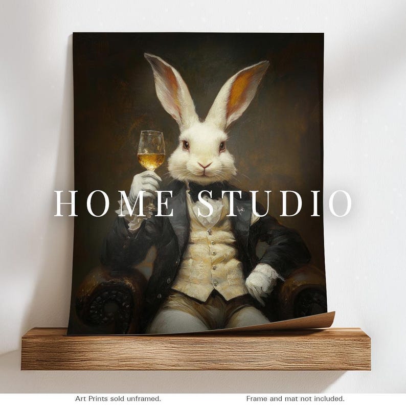 Dapper White Rabbit Portrait - Home Bar Decor, Whiskey Room Art, Victorian Animal Print zdjęcie 2