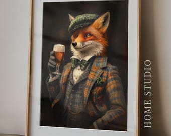 Irish Fox Art Print - Pub Beer Picture, Vintage Gentleman Style, Dapper Animal, St Patricks Day Mood