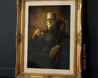 Frankenstein Whiskey Portrait - Gothic Bar Decor, Halloween Wall Art, Classic Monster Print