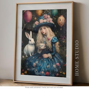 Alice In Wonderland Tea Party - Unframed Art Print Enchanted Fairytale Girl and White Rabbit in Vintage Garden with Lanterns, Mad Hatter Hat