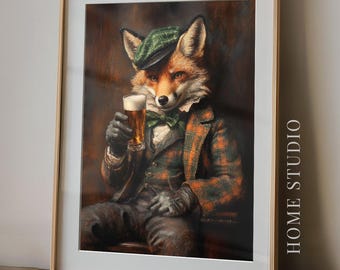 Dapper Fox Art Print Vintage Animal Portrait Wall Art Victorian Irish Beer Gentleman Office Gift Masculine Animal Bar Cart Decor