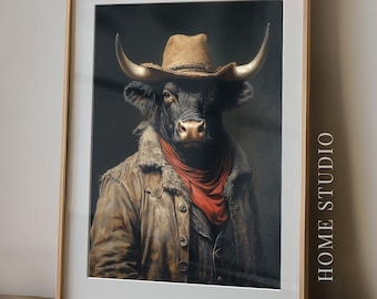 Cowboy Bull Art Print - Western Ranch Picture, Rustic Frontier Style, Moody Animal, Vintage Masculine