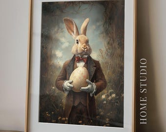 Rabbit Portrait Victorian Print - Whimsical Easter Wall Art, Vintage Animal Decor, Spring Bunny Illustration