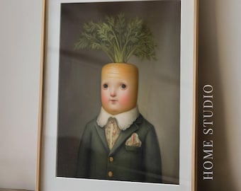 Carrot Head Art Print - Quirky Kitchen Picture, Whimsical Surreal Humor, Vintage Food Character