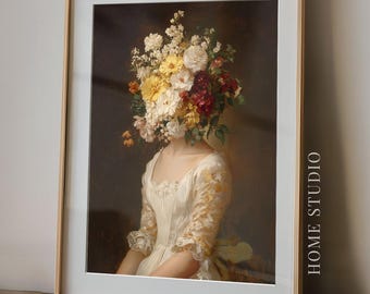 Retrato floral surrealista - Pared romántica, estampado de cabeza de flor, decoración de moda femenina, arte de galería Moody