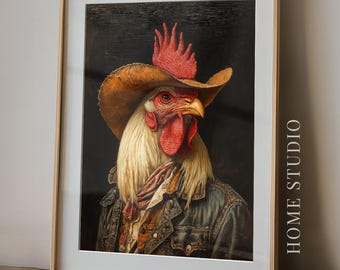 Retrato de gallo vaquero - Arte mural de gallina del oeste, decoración de rancho, lámina rústica de granja