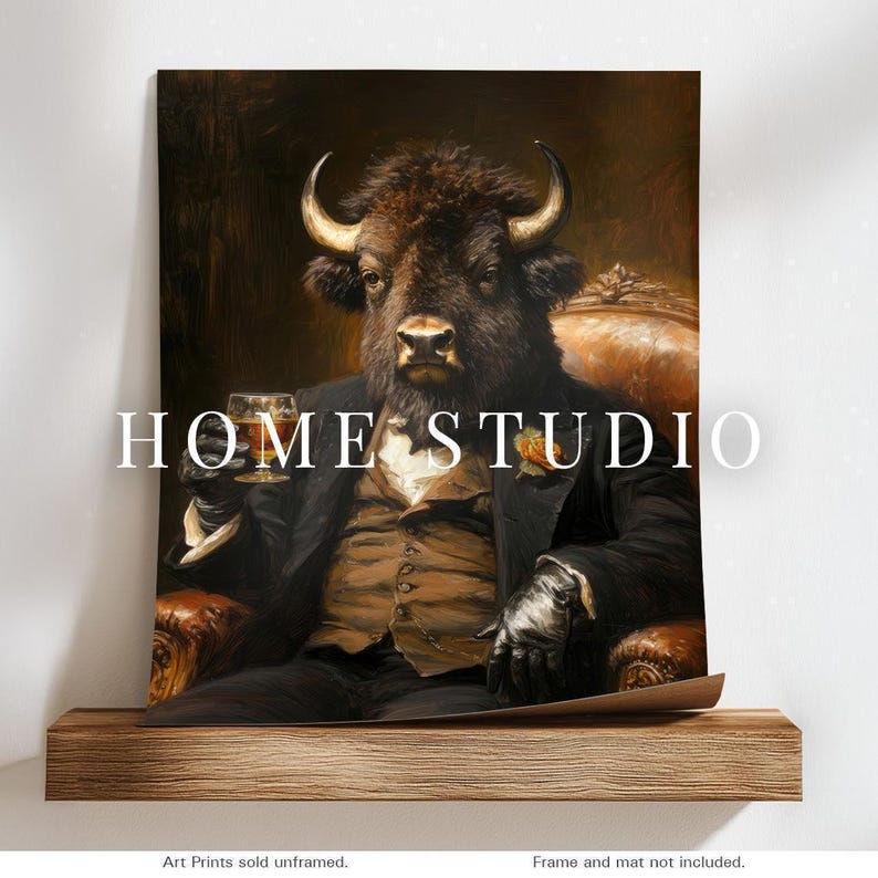 Bison Whiskey Portrait - Home Bar Decor, Dapper Buffalo Wall Art, Masculine Animal Print zdjęcie 2