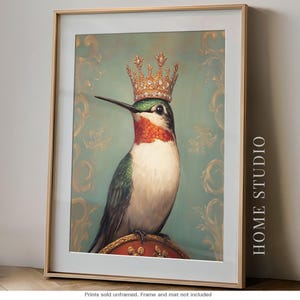 Crown Hummingbird Art - Vintage Royal Picture, Timeless Elegance, Whimsical Bird Print, Ornate Gold Style