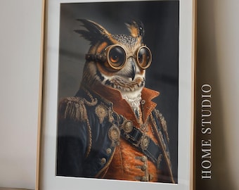 May include: A framed wall art print featuring an owl wearing brass-rimmed goggles and a dark blue and orange military-style jacket with gold buttons and epaulets. The text HOME STUDIO is printed vertically on the right side of the white matting.