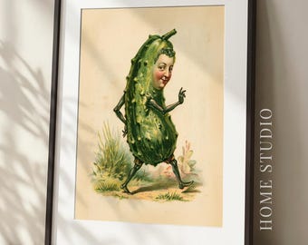 May include: A framed art print featuring a vintage-style illustration of a green, anthropomorphic pickle with a human face, arms, and legs walking through grass. The print is enclosed in a dark brown frame with a white mat border.