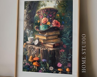 Lámina artística del Sombrerero Loco - Alicia en el País de las Maravillas, imagen de la fiesta del té, libros de relojes con sombrero de copa