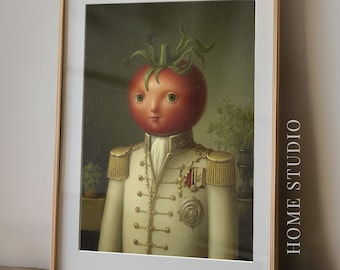 Tomato Head Art Print - Surreal Kitchen Portrait, Whimsical Vintage Humor, Ketchup, Eclectic Food Character