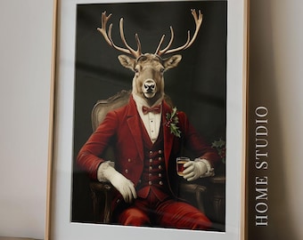 Christmas Reindeer Portrait - Victorian Holiday Wall Art, Dapper Stag Whiskey Bar Print
