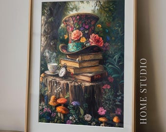 Lámina artística del Sombrerero Loco - Alicia en el País de las Maravillas, imagen de la fiesta del té, libros de relojes con sombrero de copa