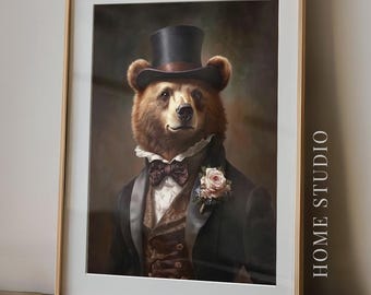 Retrato de oso elegante - Arte de pared para cabaña, decoración de cabaña, estampado animal victoriano, cuadro de estudio