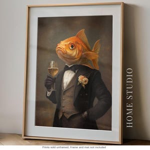 Dapper Goldfish Art Print Unframed Vintage Fish Victorian Portrait Animal Wall Decor Wine Glass Suit Nautical Bar Lounge Gift Drink Like A