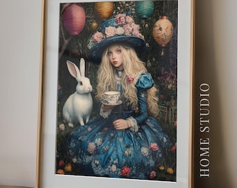 Lámina de la fiesta del té de Alicia - Arte de pared del País de las Maravillas, decoración del Conejo Blanco, imagen de cuento de hadas caprichosa