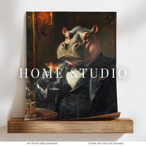 Hippo Cocktail Portrait - Vintage Bar Decor, Lounge Wall Art, Speakeasy Animal Print image 2