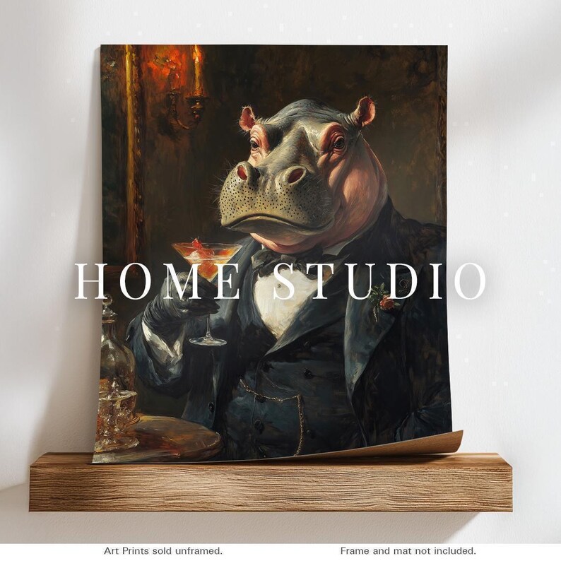 Hippo Cocktail Portrait - Vintage Bar Decor, Lounge Wall Art, Speakeasy Animal Print image 2