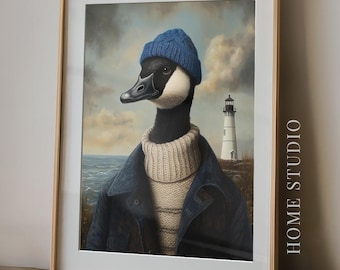 Retrato de ganso canadiense - Arte de faro costero, decoración marítima para pared, lámina de aves náuticas