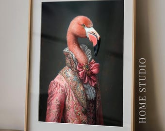 Dapper Flamingo Portrait - Florida Wall Art, Tropical Lounge Decor, Victorian Bird Print