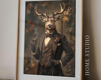 Stag Victorian Portrait Cigar Art Print Unframed Wall Decor Vintage Dapper Dressed Animal Head Wall Home Bar Cottagecore Suit Aristocratic
