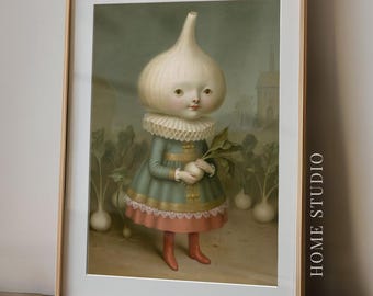 Retrato de Chica Ajo - Decoración de Pared de Cocina, Estampado Vintage de Vegetales, Jardín Divertido y Caprichoso