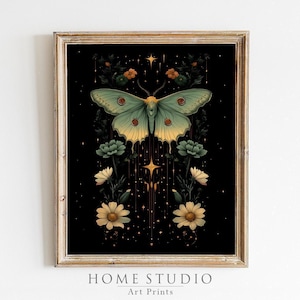 Luna Moth Mystical Art Print Unframed Wall Decor Celestial Nature Artwork Cottagecore Insect Print Whimsical Night Garden Floral Whimsigoth