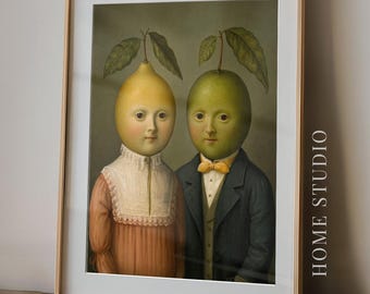 Lemon And Lime Art Print - Quirky Fruit Portrait, Whimsical Kitchen Decor, Vintage Surreal Humor