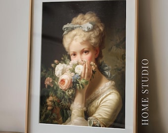 Lady With Bouquet Bathroom Picture - Funny Art Print, Floral Cover Humor, Whimsical Guest Bath