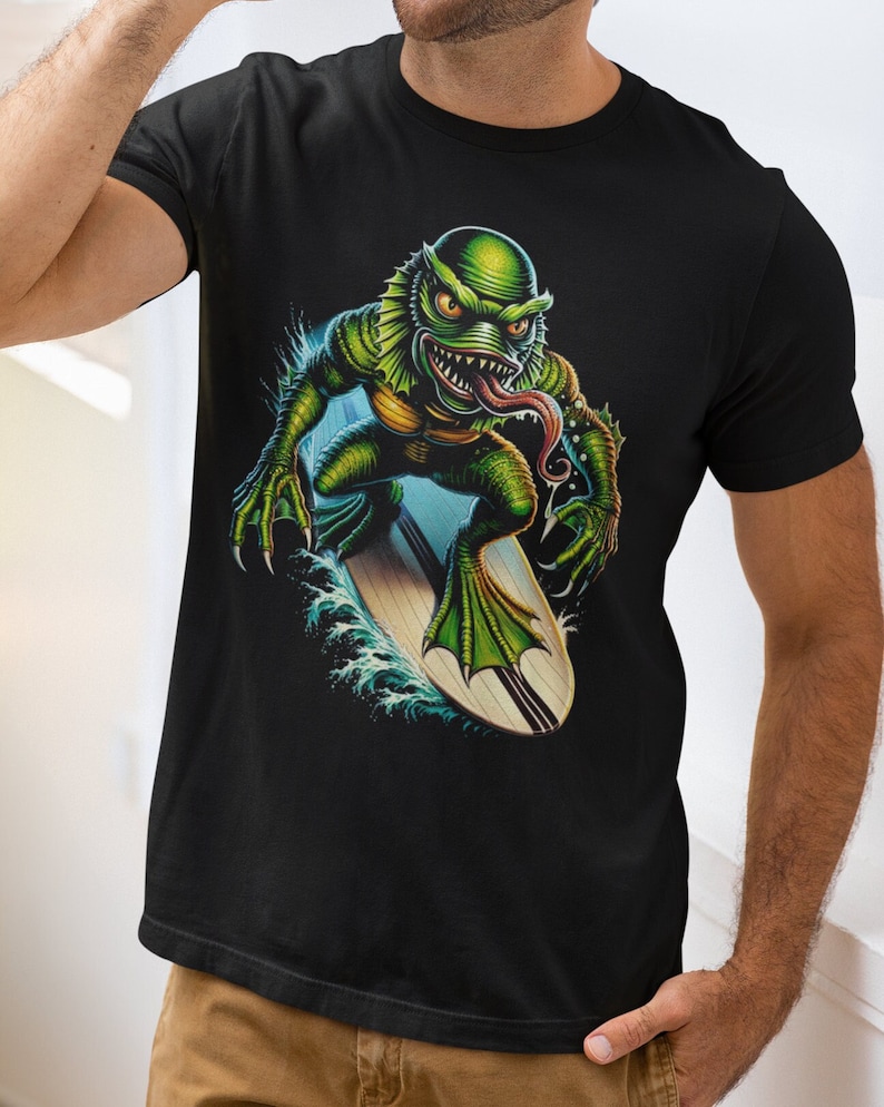The Creature from The Black Lagoon Shirt Gill Man Surfer T Shirt Cool Surf T-Shirts Horror Top Gillman T-Shirt Gothic Classic Monsters Merch image 1
