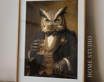 Retrato de Night Owl Whiskey - Decoración de Bourbon Lounge, Arte de pared estilo Speakeasy, Estampado de animales melancólicos