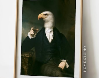 Bald Eagle Whiskey Portrait - Americana Bar Art, Dapper Bird Print, Moody Wall Decor