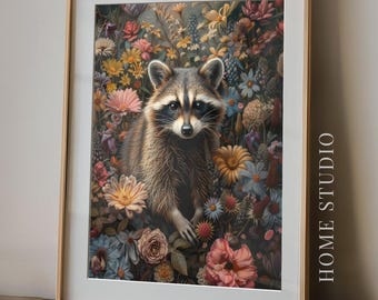 Retrato de mapache floral - Arte animal caprichoso, decoración de pared rústica, lámina botánica para habitación infantil