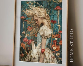 Alice Art Print - Wonderland Literary Picture, Timeless Classic, Whimsical Girl, White Rabbit, Mushroom Garden