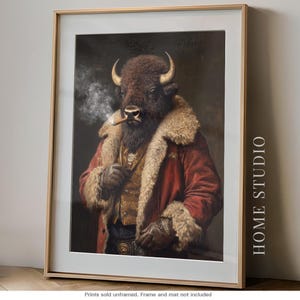 Buffalo Cowboy Wall Art - Cigar Smoking Bison Poster Vintage Western Decor Rustic Bar Print Unique Gift For Men Lodge Style Animal Portrait